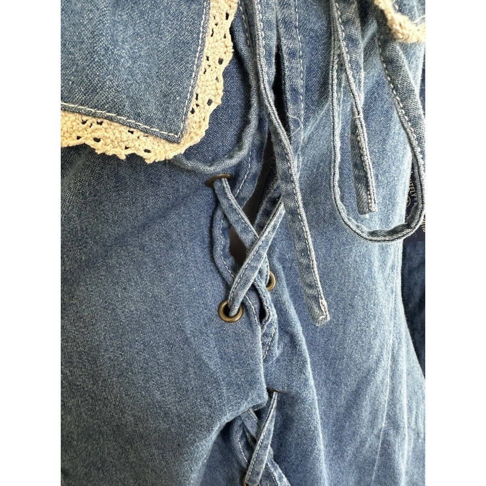 Vtg Denim Shirt Big Lace Collar Cottagecore Cowgirl Granola Girl Lace Up Sz L M‍ - Picture 3 of 10